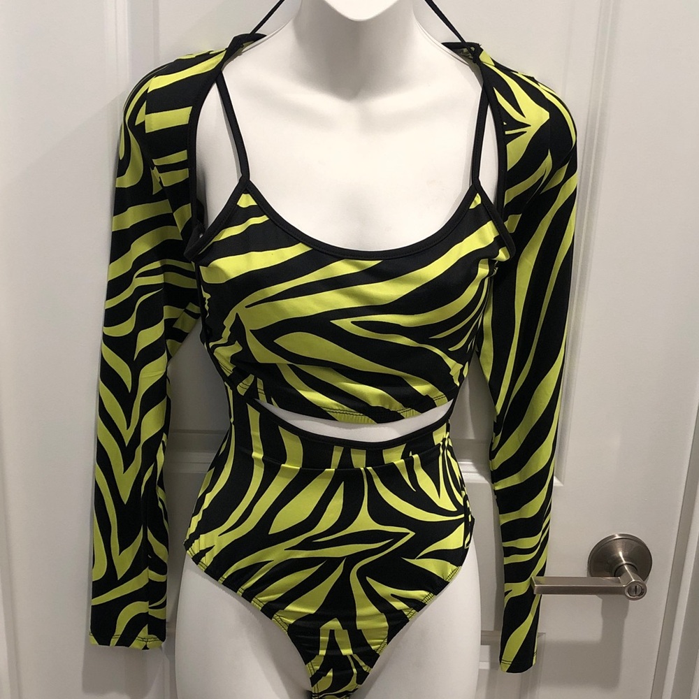 Neon Yellow & Black Zebra Two-Piece Swimsuit Set